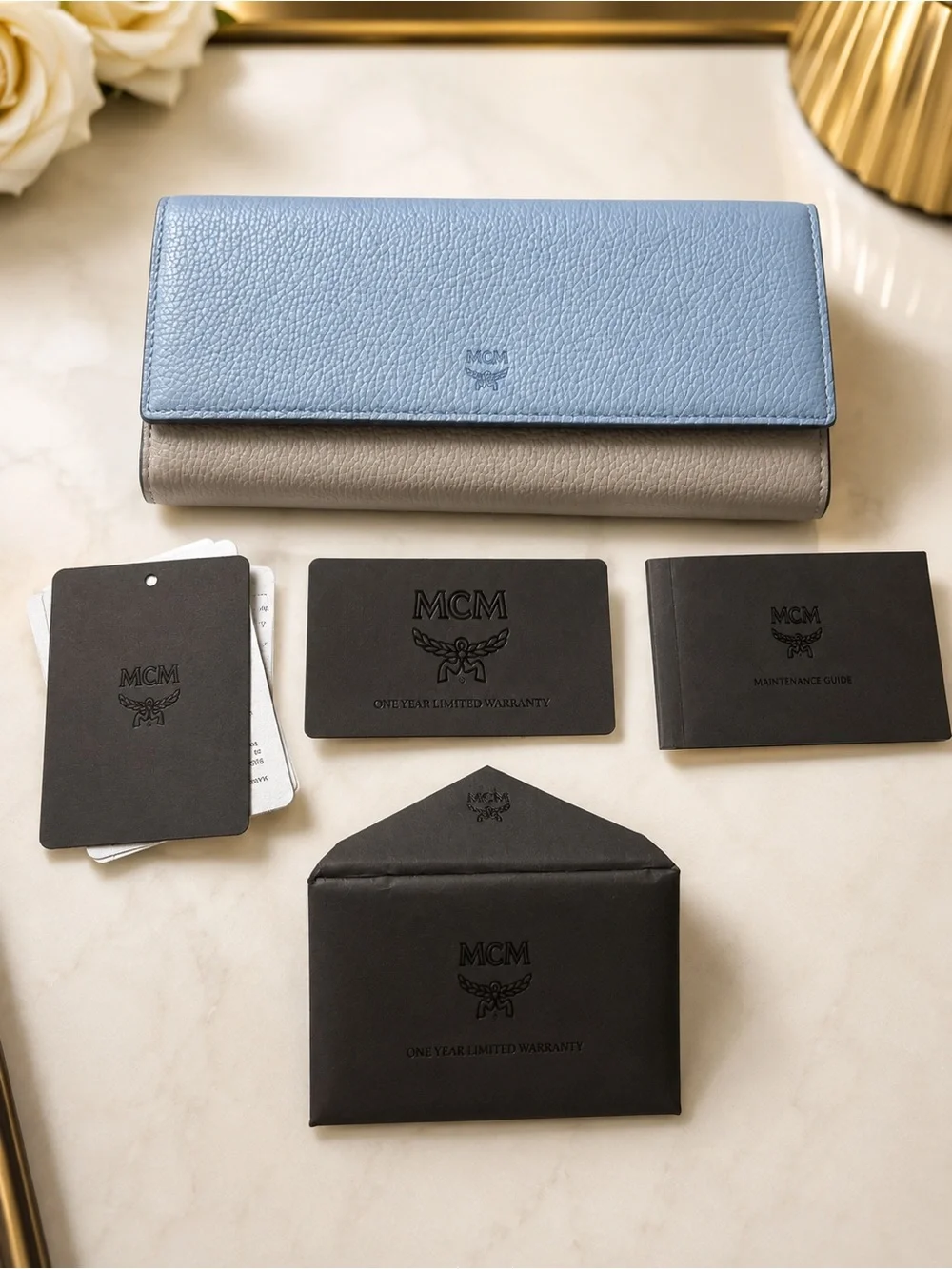 MCM Two-Tone Pebbled Leather Long Wallet in Light Blue and Gray
